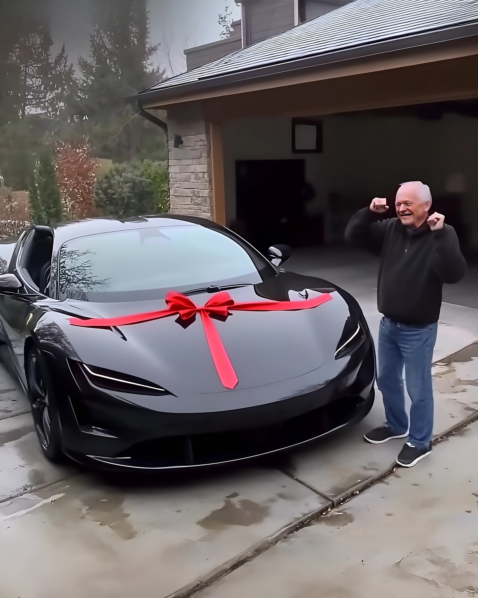 Biedny staruszek wychodzi rano z domu i zamiast swojego starego samochodu widzi luksusowe auto