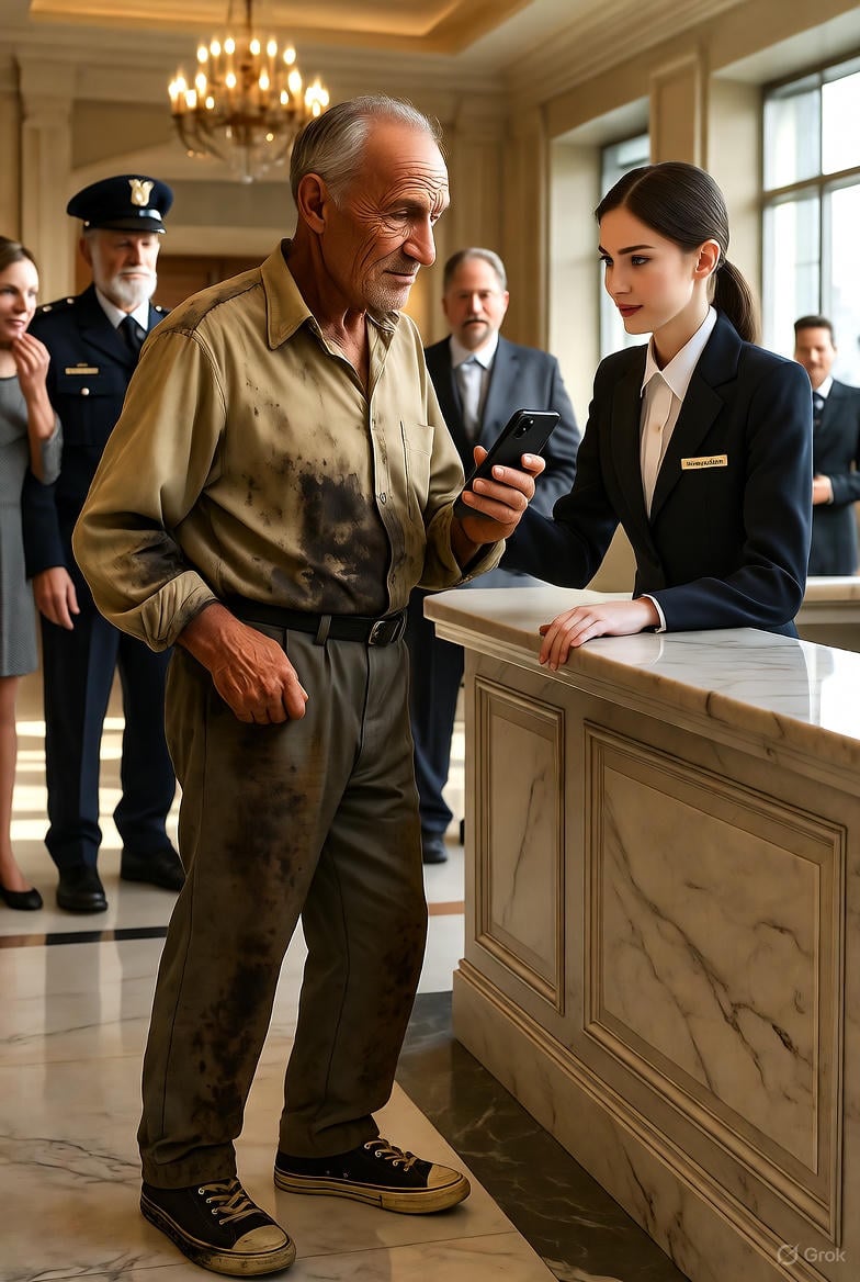 Farmer wszedł do hotelu, recepcjonistka przywitała go wyniośle.