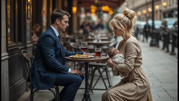 Klęczała przy jego stoliku na chodniku i kołysała swoje dziecko na rękach. „Proszę, nie potrzebuję pieniędzy – tylko chwilę pańskiego czasu”. Mężczyzna w garniturze podniósł wzrok znad kieliszka z winem, nie podejrzewając, że jej słowa wstrząsną wszystkim, w co wierzył.