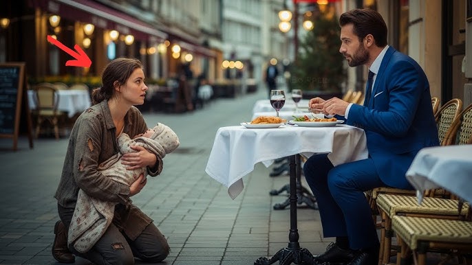 Klęczała przy jego stoliku na chodniku i kołysała swoje dziecko na rękach. „Proszę, nie potrzebuję pieniędzy – tylko chwilę pańskiego czasu”. Mężczyzna w garniturze podniósł wzrok znad kieliszka z winem, nie podejrzewając, że jej słowa wstrząsną wszystkim, w co wierzył.