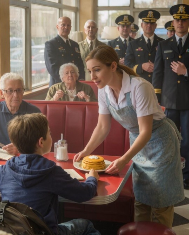 Kelnerka potajemnie karmiła samotnego chłopca każdego poranka — aż pewnego dnia przed barem stanęły cztery czarne SUV-y, a żołnierze wręczyli list, który wstrząsnął całym miasteczkiem.