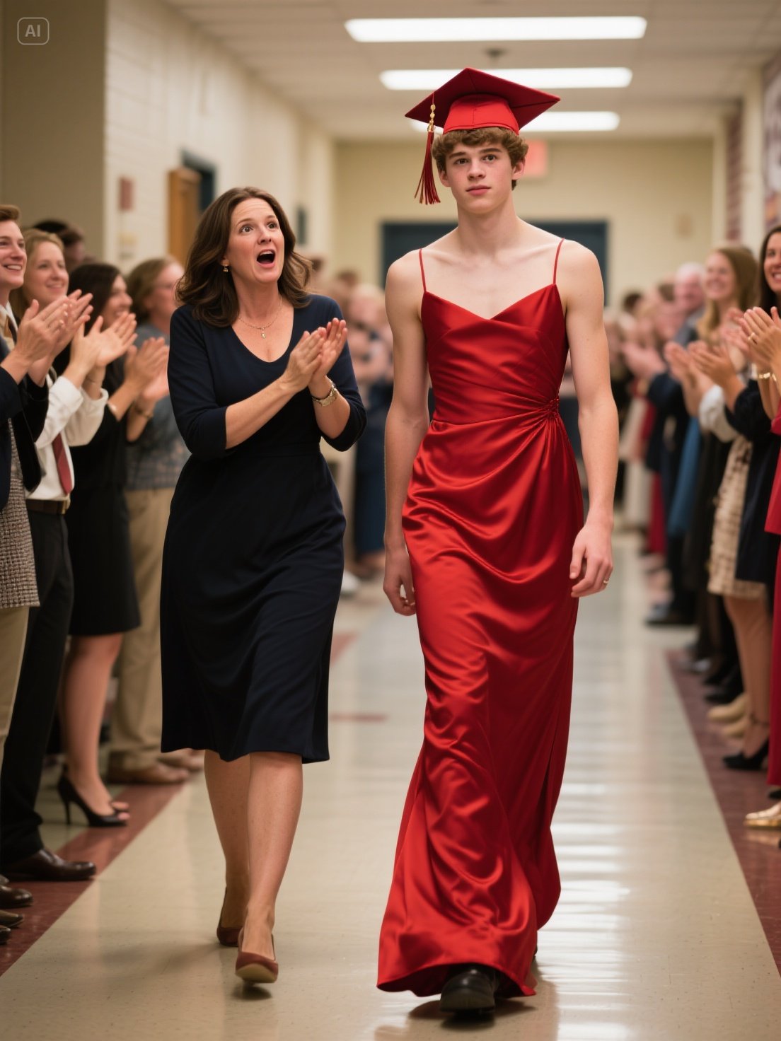 SINGLE MOTHER ZASKOCZONA, GDY WIDZI SWOJEGO SYNA W PIĘKNEJ CZERWONEJ SUKIENCE NA UROCZYSTOŚCI UKOŃCZENIA SZKOŁY – ODWAŻNY WYSTĘP, KTÓRY ZOSTAWIŁ WSZYSTKICH BEZ SŁÓW