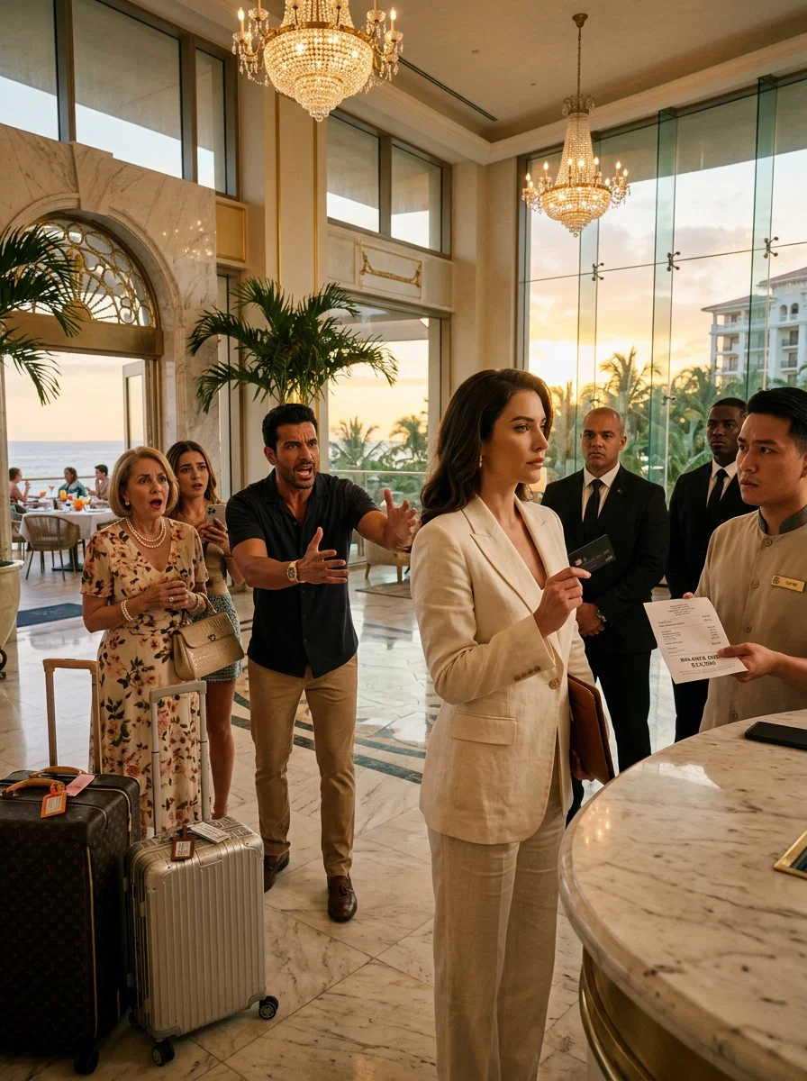 Mąż zostawił mnie samą w lobby kurortu, podczas gdy jego rodzina wznosiła toast za koktajle o zachodzie słońca beze mnie. “To był tylko żart, ” powiedział. “Przestań dramatyzować.” Ale żart zakończył się na śniadaniu, kiedy urzędnik powiedział im, że ich niezapłacone saldo wynosi 6400 dolarów. Moja teściowa sapnęła, “Zawstydzasz nas!” Uśmiechnąłem się i powiedziałem: “Nie. W końcu pozwalam ci płacić za siebie.” Nadal nie wiedzieli, że wysłałem już e-mail do mojego prawnika.
